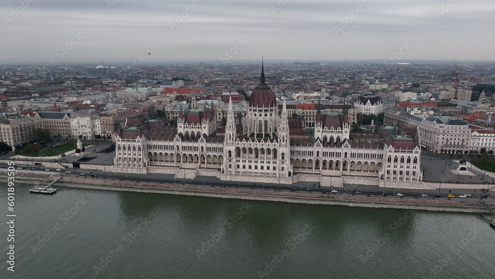 Establishing Aerial View Shot of Budapest, Hungarian Parliament Building during a cloudy day, Hungary