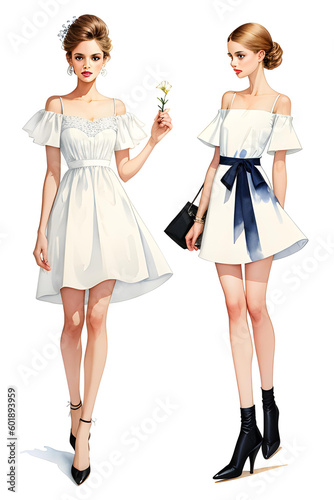 Fashion illustration sketch of trendy woman in summer dress