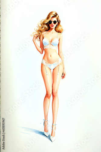 Fashion illustration sketch of girl in lingerie