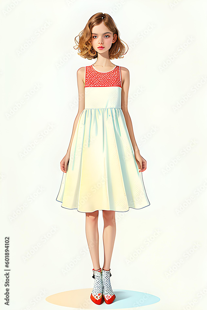 Fashion illustration sketch of trendy girl in summer dress. AI generated content