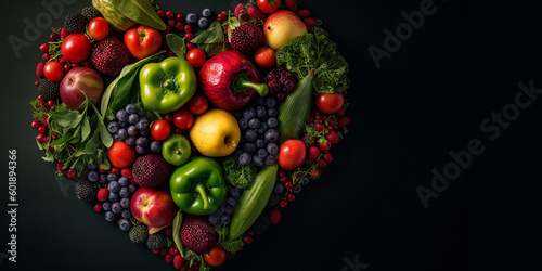 3d heart shape with fresh fruits and vegetables inside  on an isolated background. Generative AI
