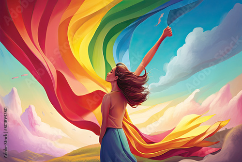 Illustration of a beautiful woman with a rainbow flag in her hand