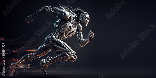 A fast running humanoid muscular robot athlete on an isolated background. Generative AI