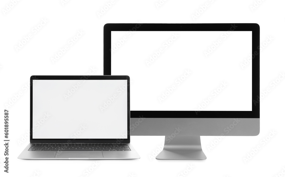 Computer monitor and laptop with blank screens on white background. Mockup for design Computer monitor and laptop with blank screens on white background. Mockup for design