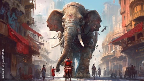 a giant elephant going around in the city. Fantasy concept   Illustration painting. Generative AI