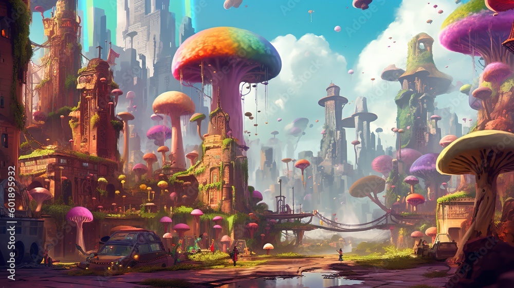 A city of mushrooms with a rainbow bridge. Fantasy concept , Illustration painting. Generative AI - obrazy, fototapety, plakaty 
