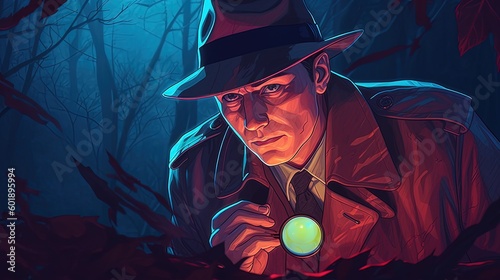A comic-style illustration of a detective solving a mystery. Fantasy concept , Illustration painting. Generative AI photo