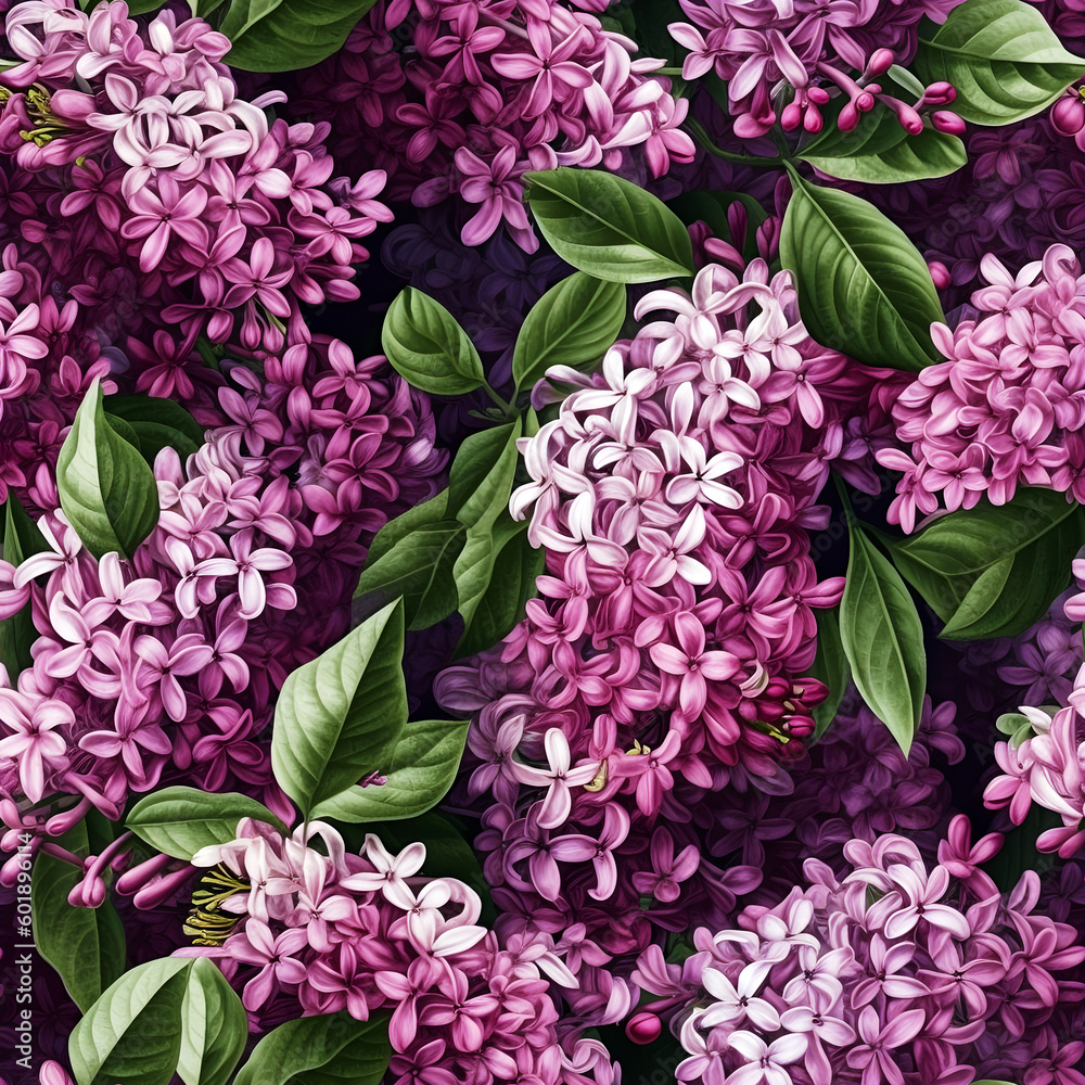Seamless lilac flowers and leaves illustration pattern design created with Generative AI technology