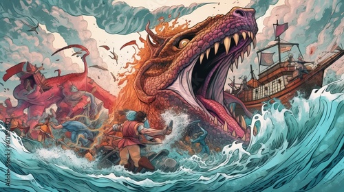 A comic-style illustration of a group of heroes fighting a giant monster emerging from the sea. Fantasy concept , Illustration painting. Generative AI