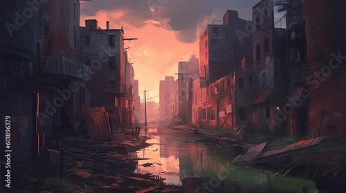 A cartoon post-apocalyptic cityscape with a dark and foreboding atmosphere. Fantasy concept , Illustration painting. Generative AI