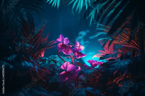 Tropical flora under blue pink neon  a nature environment illuminated via neon frame. Generative AI
