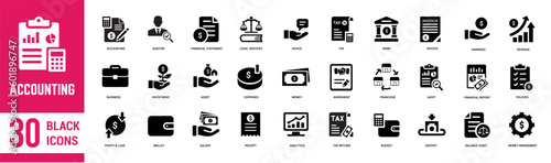 Accounting solid icons set. Accountant, financial audit, business firm, report, document, invoice, tax  business, banking, account, tax return, income and balance sheet icons. Vector illustration