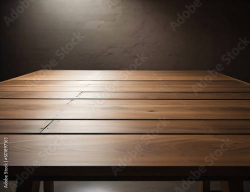 A blank empty wooden table top for product placement. Generative ai © Wisdom