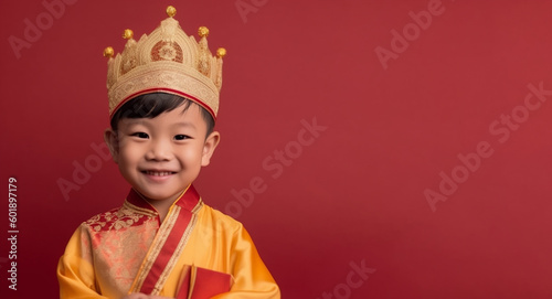  a smiling boy child dressed as a king's soft solid background generative ai