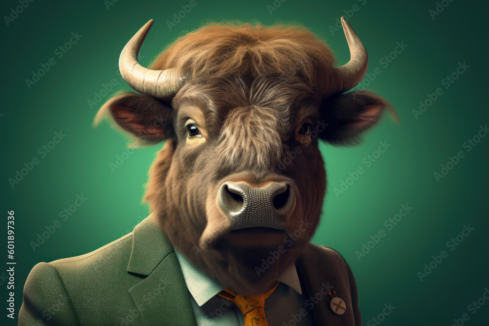 Anthropomorphic Bison dressed in a suit like a businessman. Business Concept. AI generated, human enhanced Anthropomorphic Bison dressed in a suit like a businessman. Business Concept. AI generated, human enhanced