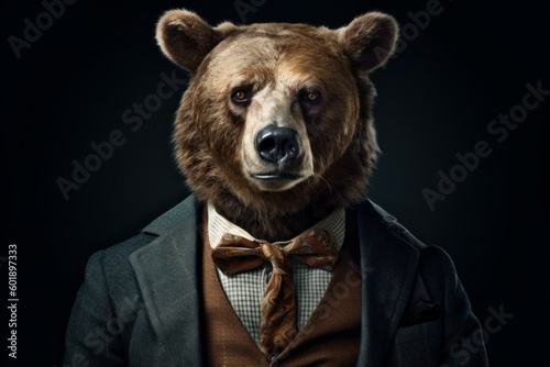 An anthropomorphic bear dressed in a business suit like a boss. AI generated, human enhanced