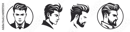 Beautiful man profile set, pack logo, icon. Vector outline silhouette on white background