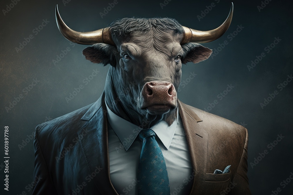 An anthropomorphic bull dressed in a business suit like a boss. AI generated, human enhanced An anthropomorphic bull dressed in a business suit like a boss. AI generated, human enhanced