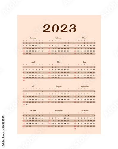 2023 Calendar year vector illustration. The week starts on Sunday. Annual calendar 2023 template. Calendar design, Sunday in red colors. Vector