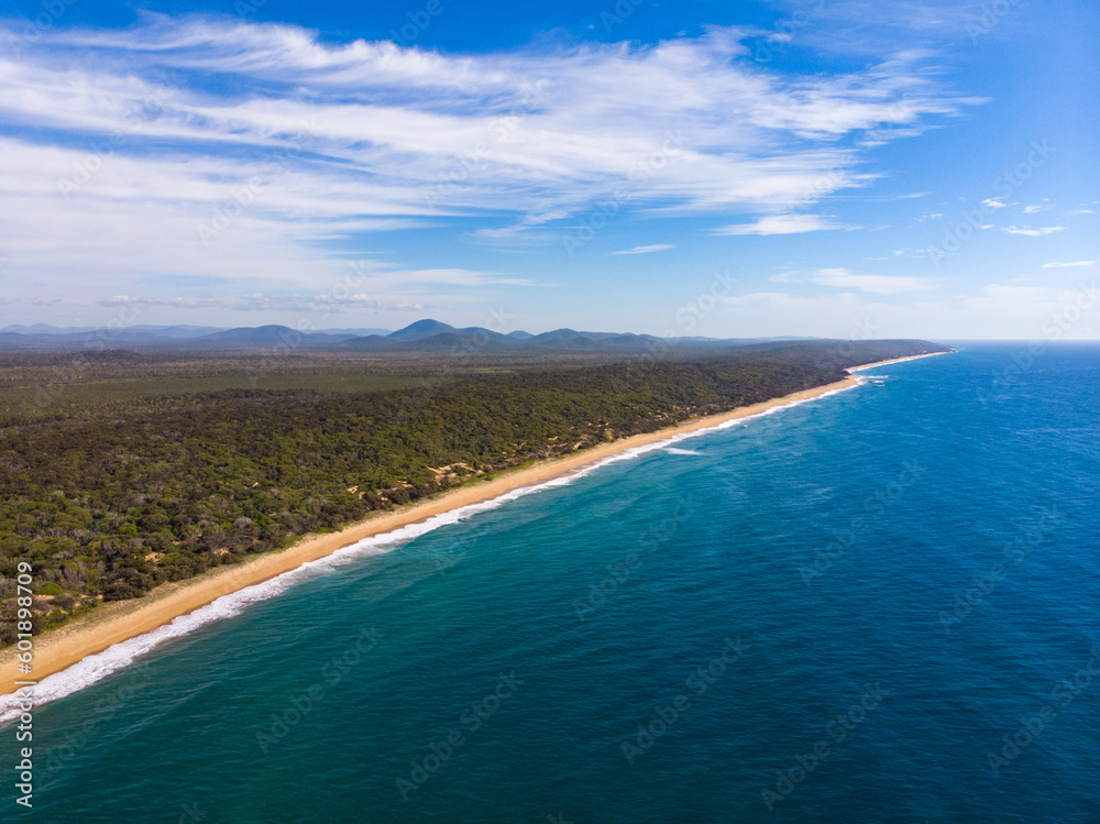 aerial drone photography of beautiful wreck rock beach in deepwater national park near agnes water, queensland, australia; unique beach with turquoise water, rocks and coral reefs