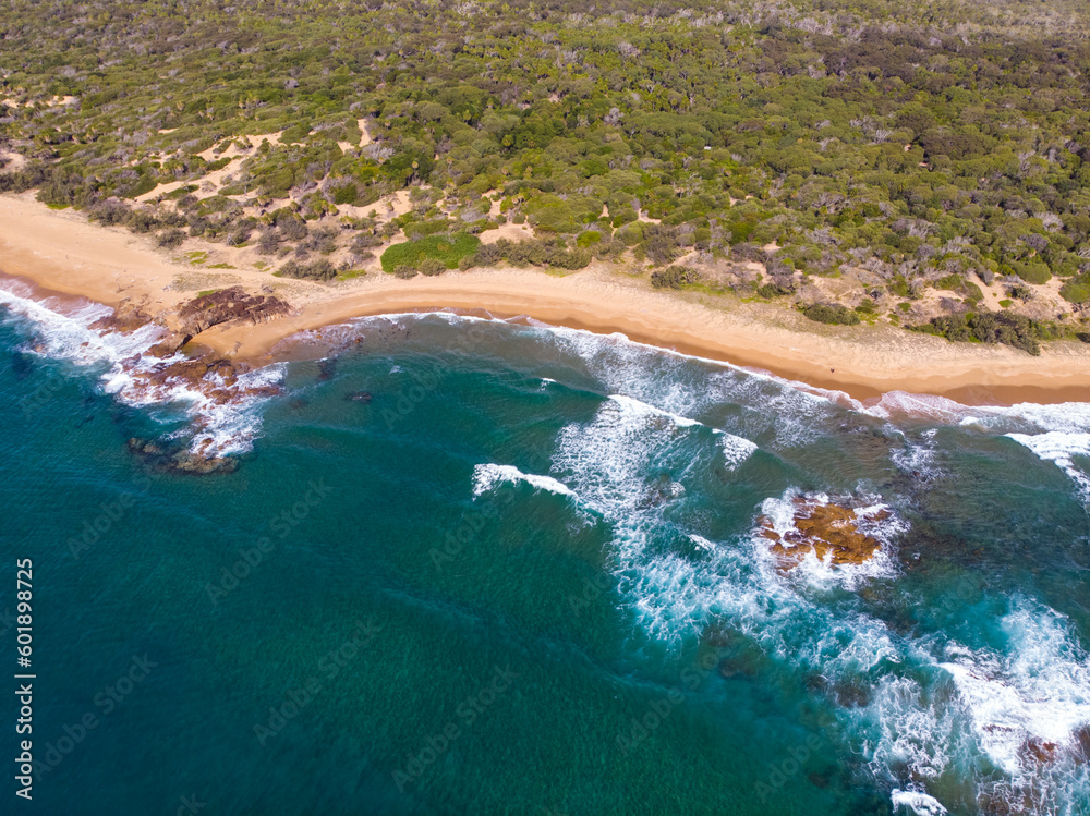 aerial drone photography of beautiful wreck rock beach in deepwater national park near agnes water, queensland, australia; unique beach with turquoise water, rocks and coral reefs