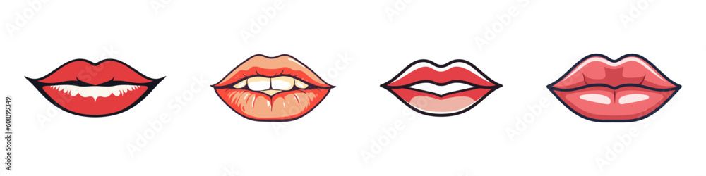 Red lips collection. Vector illustration of woman's lips Isolated on white background.