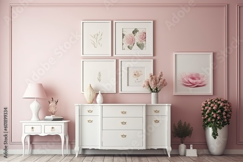 With a dresser, console, sofa, furniture, lamp, flower, gifts, frame, and picture, the room is modern and traditional white. mock up for an illustration. Generative AI
