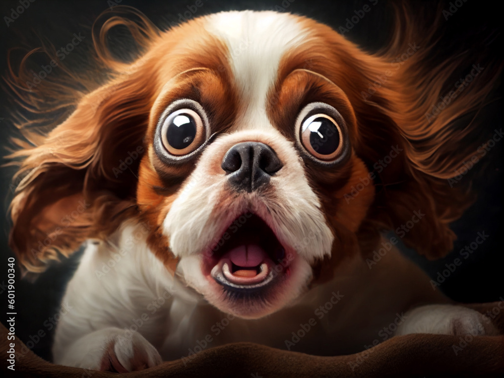 Portrait of a surprised cute dog puppy, with big eyes and an open mouth, with free space for any inscription or text. Generative AI