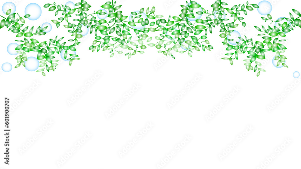 葉と枝とシャボン玉の白背景のカラーイラスト