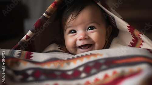 A happy Native American baby hiding under a colorful blanket by generative AI