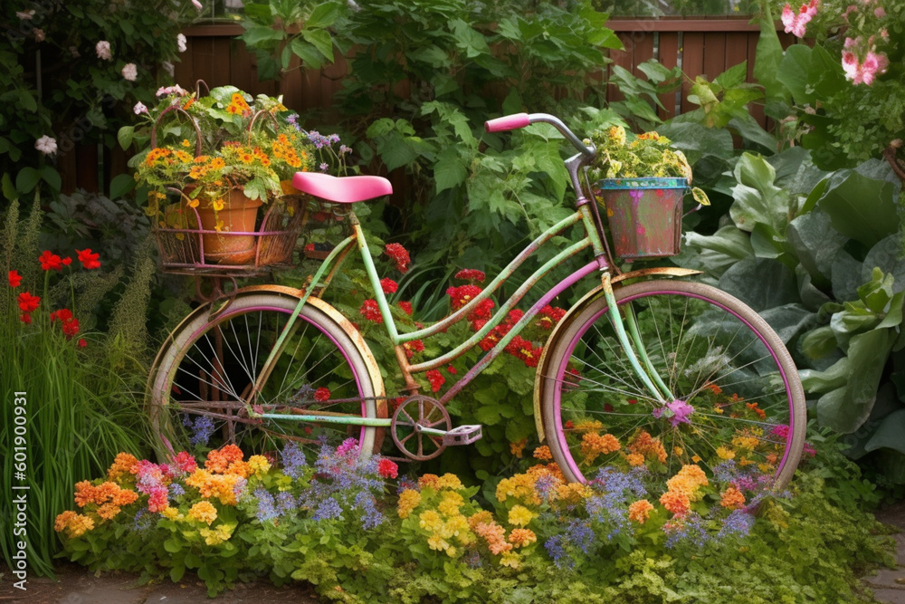 A cheerful image of a bike amidst a colorful garden Generative AI