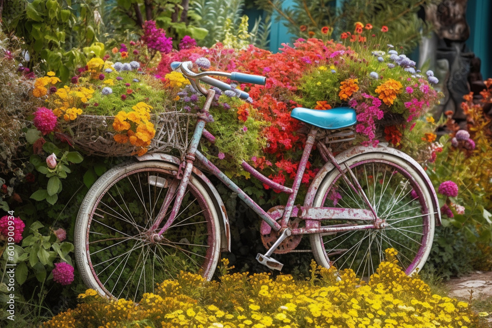 A cheerful image of a bike amidst a colorful garden  Generative AI