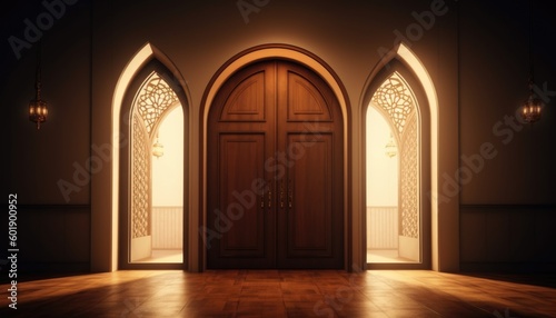 Royal elegant lamp with mosque entry holy gate. Ramadan Kareem  Eid Mubarak. Generative Ai