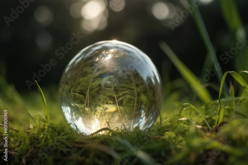 Globe Glass on green grass forest with sunlight Generative AI