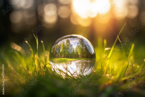 Globe Glass on green grass forest with sunlight Generative AI