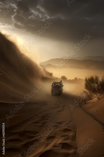 Incredible sand valley in the middle of the desert. Vehicle near imminent sandstorm. Dust sand storm on desert. Realistic 3D illustration. Generative AI