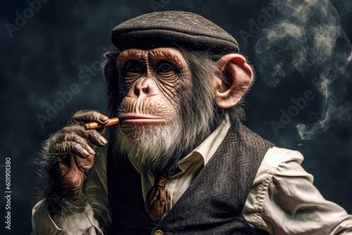 Studio portrait of a monkey in a vest, tie and beret smoking a small pipe created with Generative AI technology.