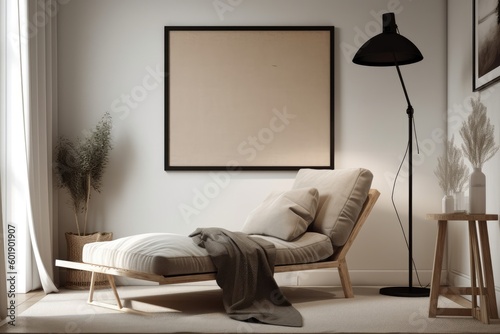 Photographie With a mock up poster frame, a pillow on the chaise longue, a black minimalist lamp, and attractive personal accessories, this pleasant living area is stylishly composed