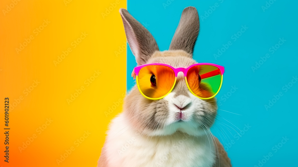 Cute fluffy rabbit and sunglasses on color background. Generative AI