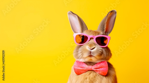 Cute fluffy rabbit and sunglasses on color background. Generative AI