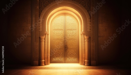 Royal elegant lamp with mosque entry holy gate. Ramadan Kareem, Eid Mubarak. Generative Ai