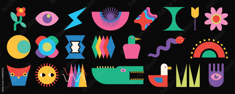 Set of abstract retro geometric shapes vector. Collection of contemporary figure, snake, bird, bolt, flower in 70s groovy style. Cute hippie design element perfect for banner, print, stickers, decor. - obrazy, fototapety, plakaty 