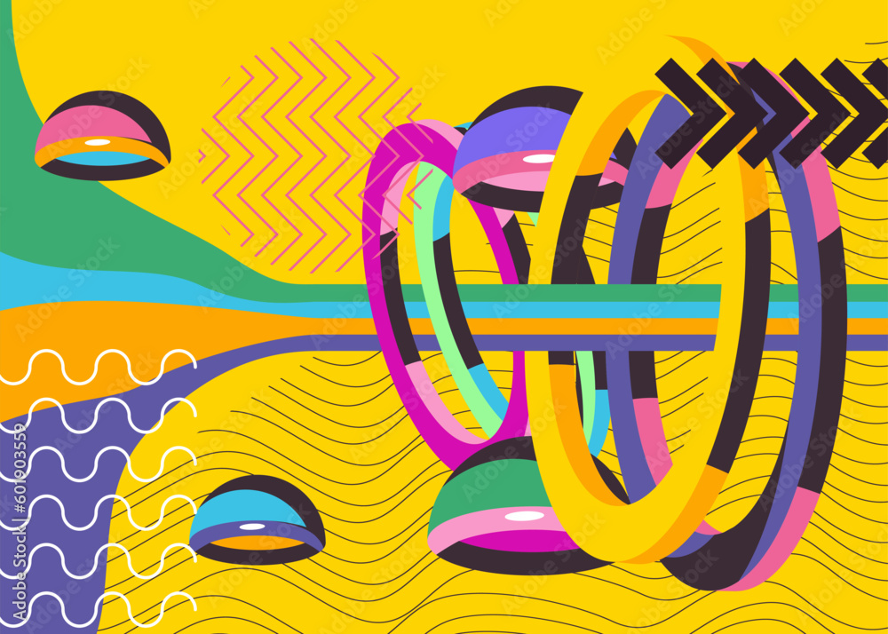 Fototapeta premium Abstract psychodelic background with geometric shapes. Retro banner and poster. Simple busy old cartoon volumetric vector. Vibrant geometrical graphic art illustration.