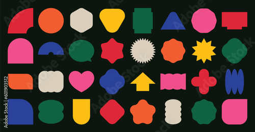 Set of abstract retro geometric shapes vector. Collection of contemporary figure, heart, circle, stars in 70s groovy style. Bauhaus Memphis design element perfect for banner, prints, stickers, decor.