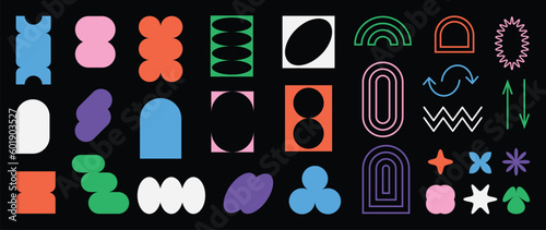 Set of abstract retro geometric shapes vector. Collection of contemporary figure, sparkle, arrow, line in 70s groovy style. Bauhaus Memphis design element perfect for banner, prints, stickers, decor.