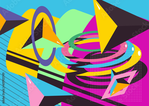 Abstract psychodelic background with geometric shapes. Retro banner and poster. Simple busy old cartoon volumetric vector. Vibrant geometrical graphic art illustration.