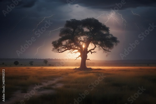 Conceptual image of lightning striking an oak tree in the field. Generative AI.  © Artistic Avenue