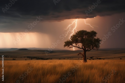 lightning in the field. Storm in the savannah of Africa, Tsavo East National Park, Kenya. Generative AI. 