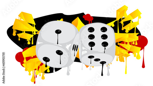 Dice painted as Graffiti. Abstract modern street art decoration, luck and board game concept performed in urban painting style.