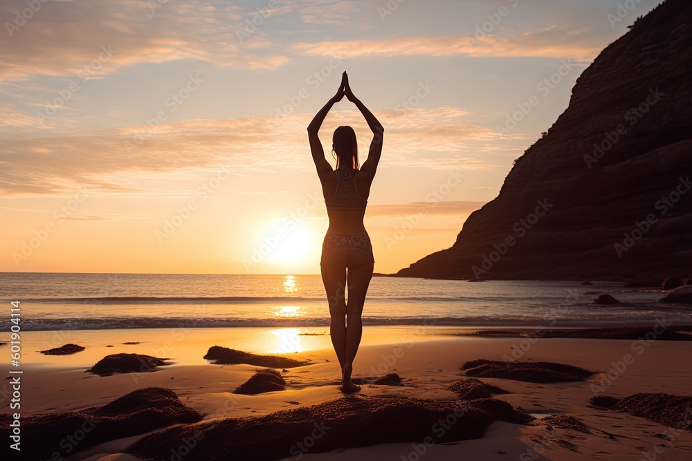As the sun emerges from the horizon, a fitness enthusiast engages in a yoga pose on a serene beach, embracing the beauty of the moment
